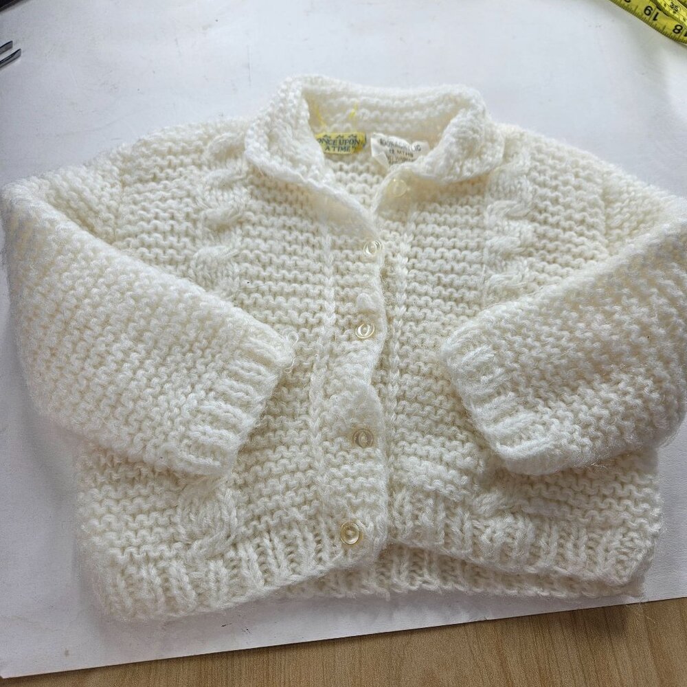 Vintage Baby Infant Sweater Cardigan 12 Month White Acrylic Knit Button USA